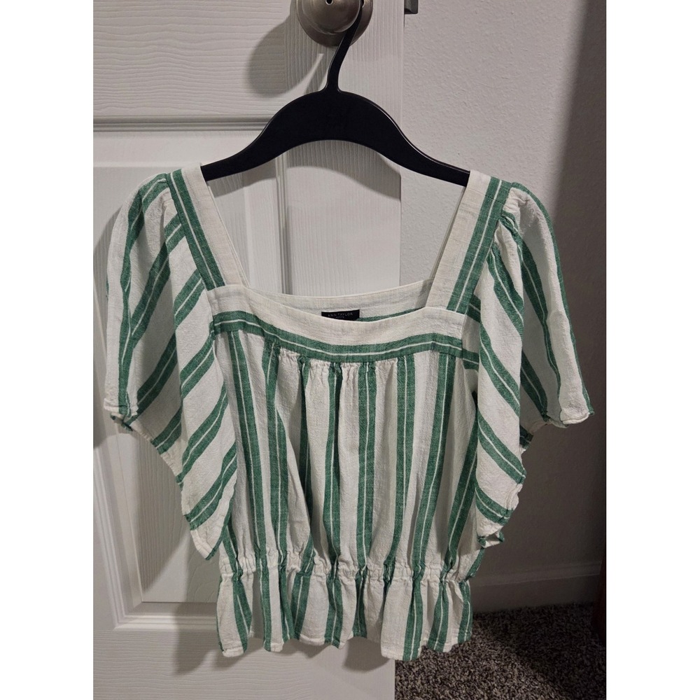 Ann Taylor Blouse MP Green White Striped Square Neck Peasant Top Boho